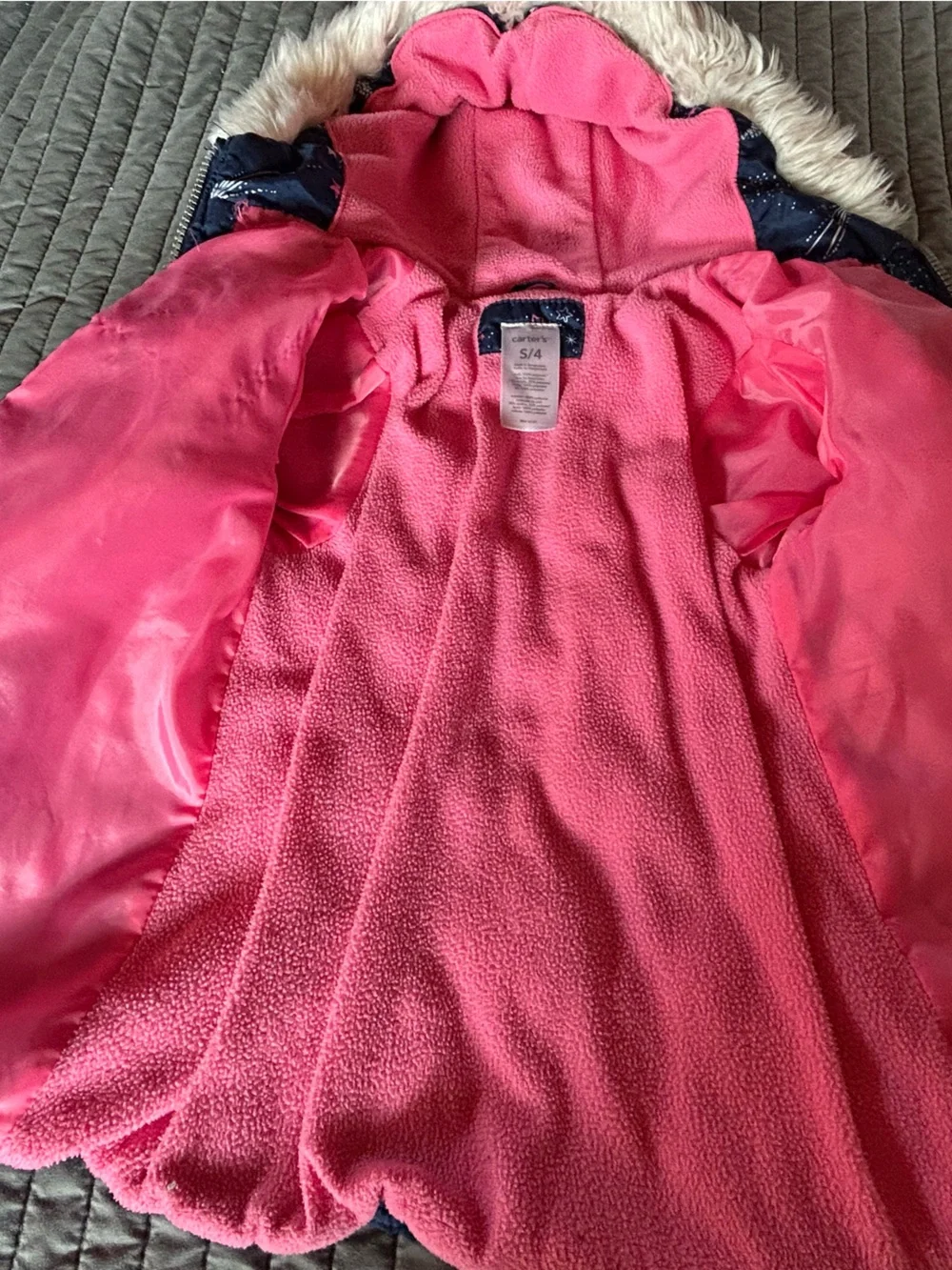 Carter's navy Star-Print Puffer Coat with Pink Lining and Faux Fur Hood